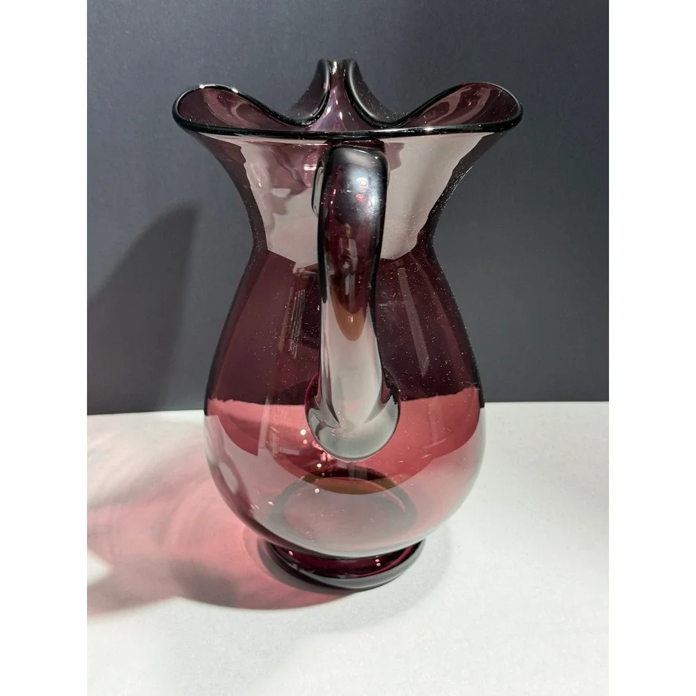 Amethyst Purple Hand Blown Glass‎ Pitcher Tri-Corner Ruffled Rim Vintage Plum